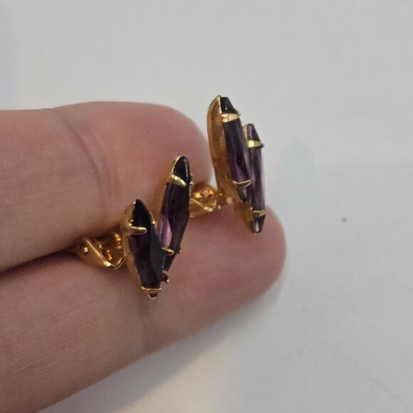 Vintage Purple Amethyst Glass Navette Rhinestone Earrings Dainty Sparkly - Picture 2 of 4